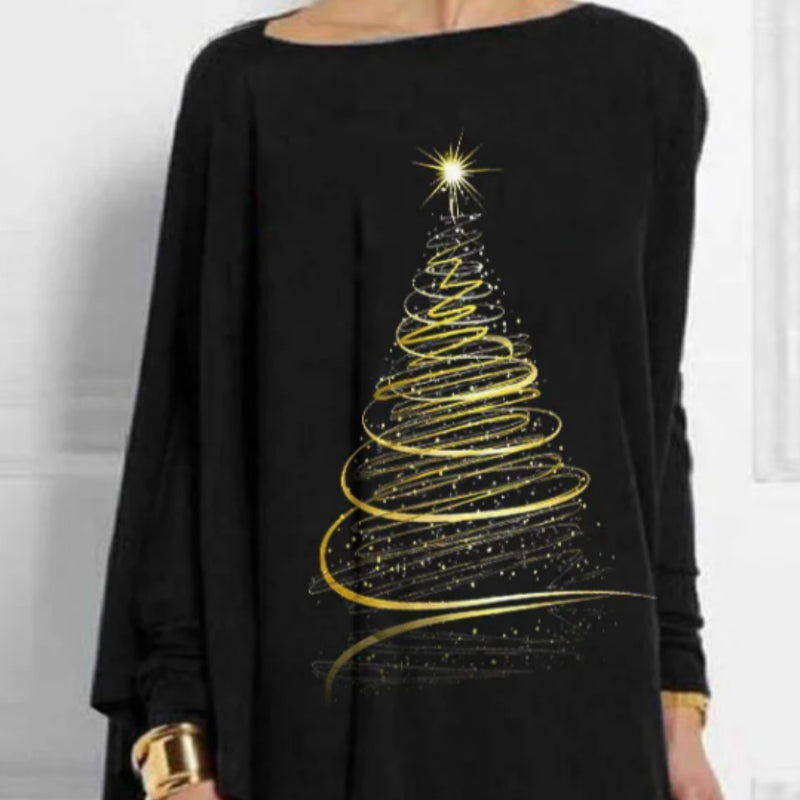 Women's plus size black long-sleeve top featuring a glittering gold spiral Christmas tree print and gold cuff accents