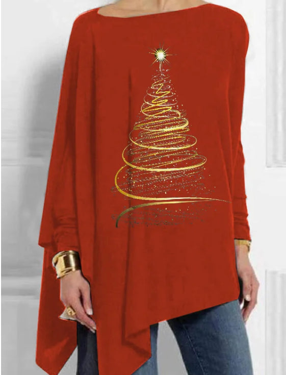 Women's plus size dark red long-sleeve top featuring a glittering gold spiral Christmas tree print and gold cuff details