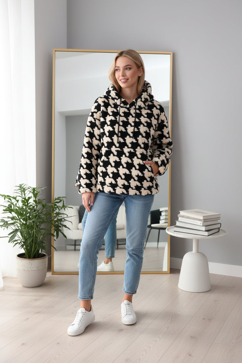 Houndstooth plush fleece hoodie women black oversized back view