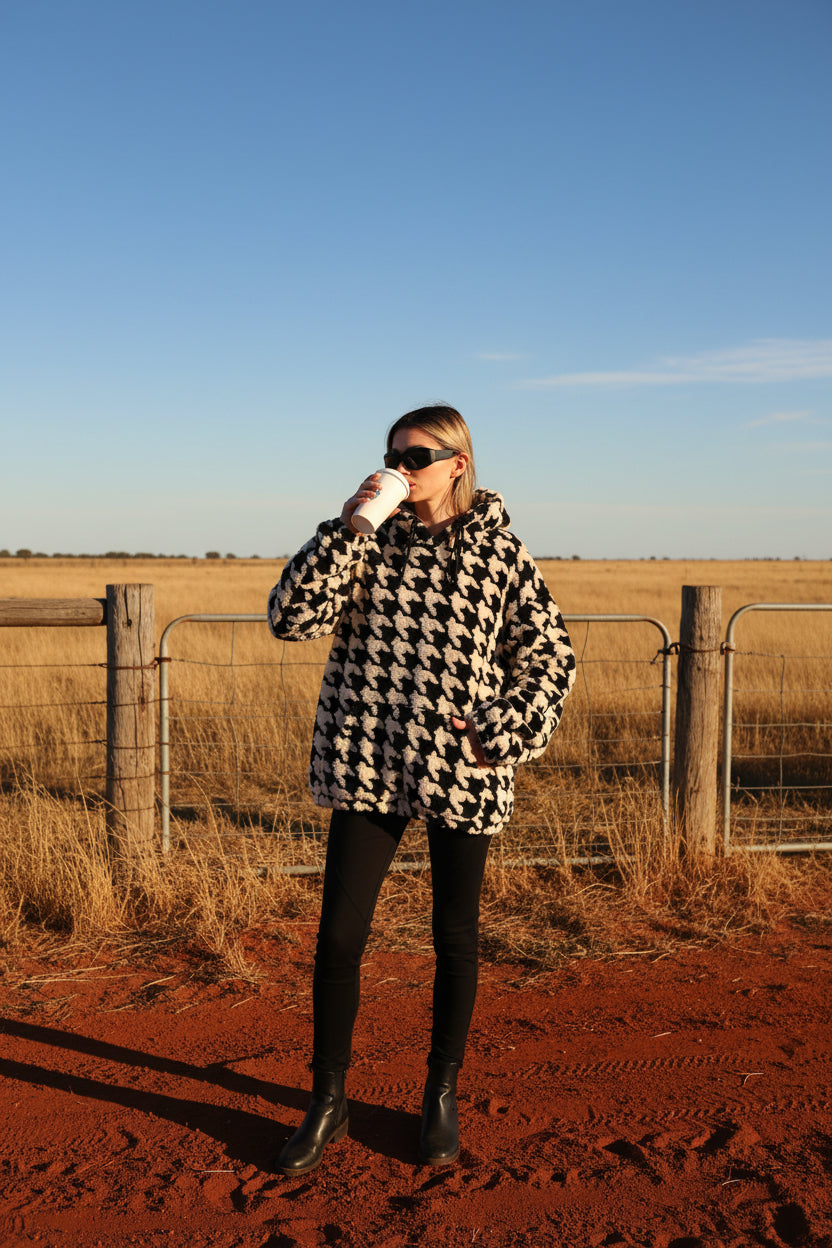 Houndstooth plush fleece hoodie women black oversized front view
