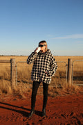 Houndstooth plush fleece hoodie women black oversized front view