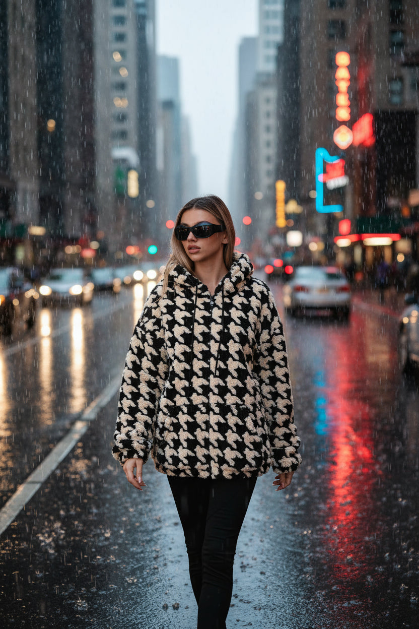 Houndstooth plush fleece hoodie women black oversized rainy city street streetstyle pose