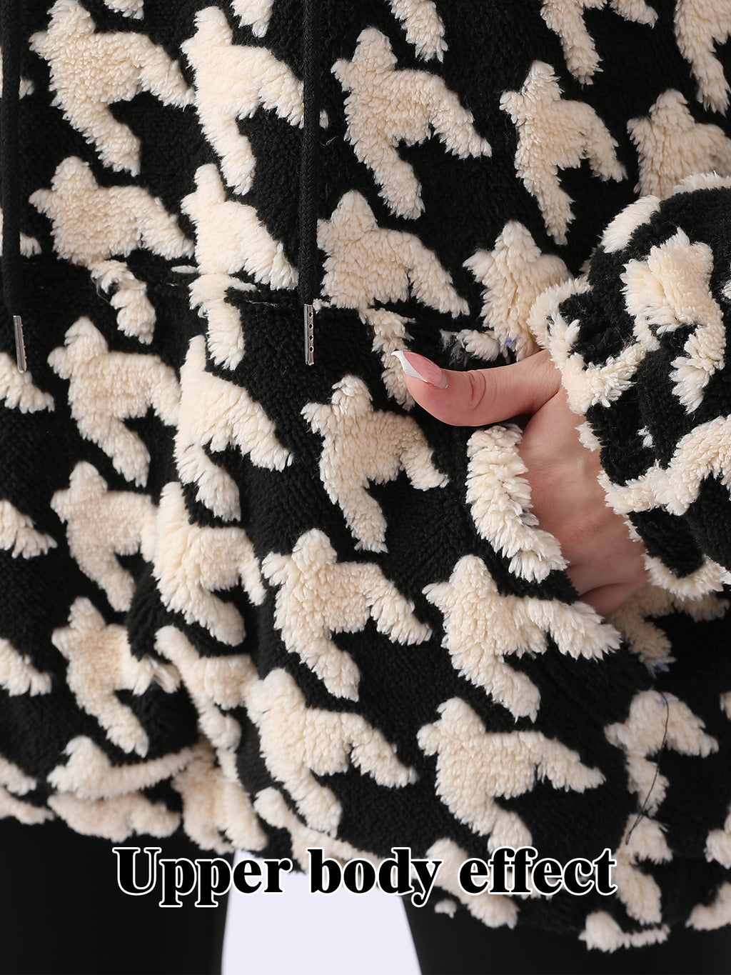 Houndstooth plush fleece hoodie women black oversized side view