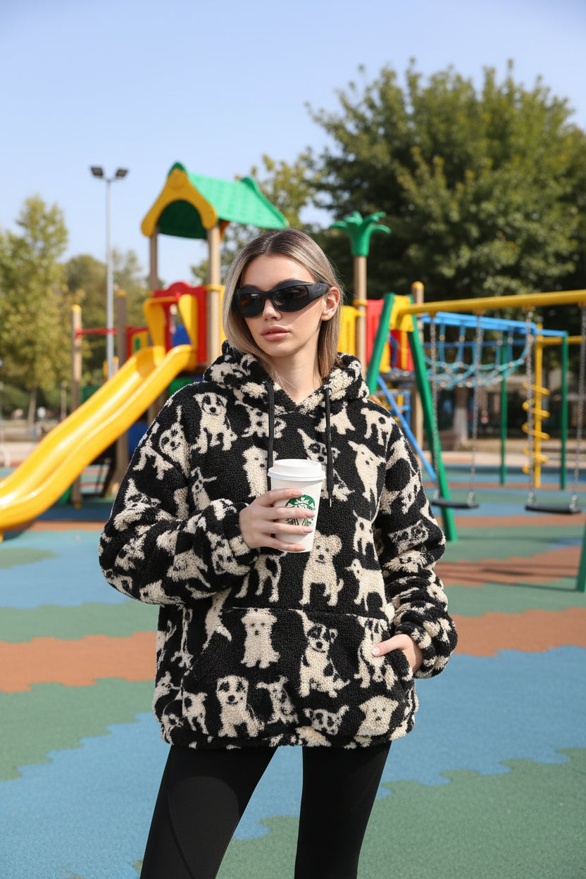Houndstooth plush fleece hoodie women black oversized wearing sunglasses front pose
