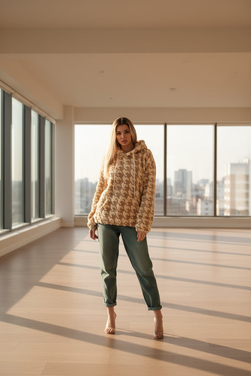 Houndstooth plush fleece hoodie women coffee brown oversized indoor cactus background pose