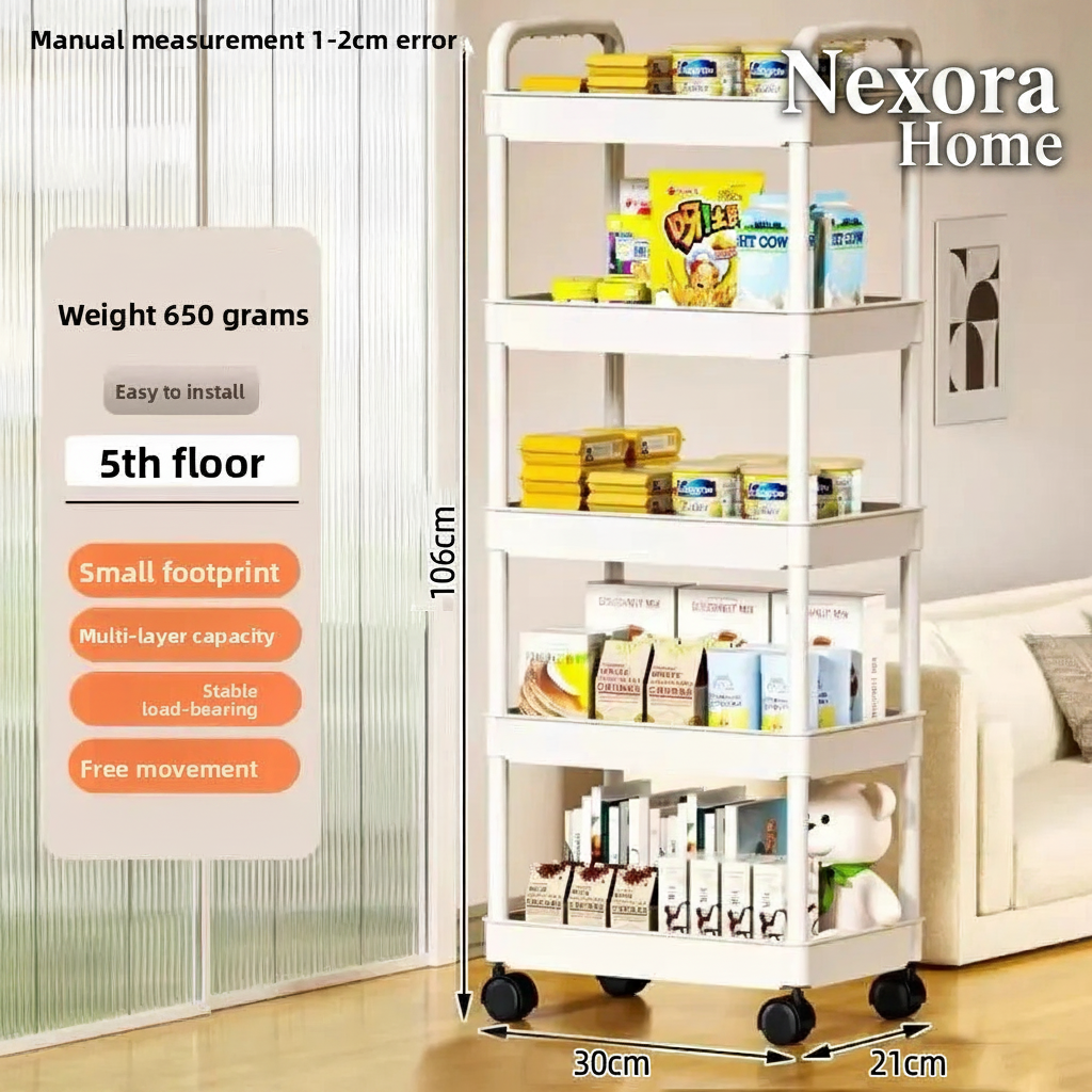 Black 5-tier kitchen trolley with dimensions 106cm x 30cm x 21cm - Nexora Home