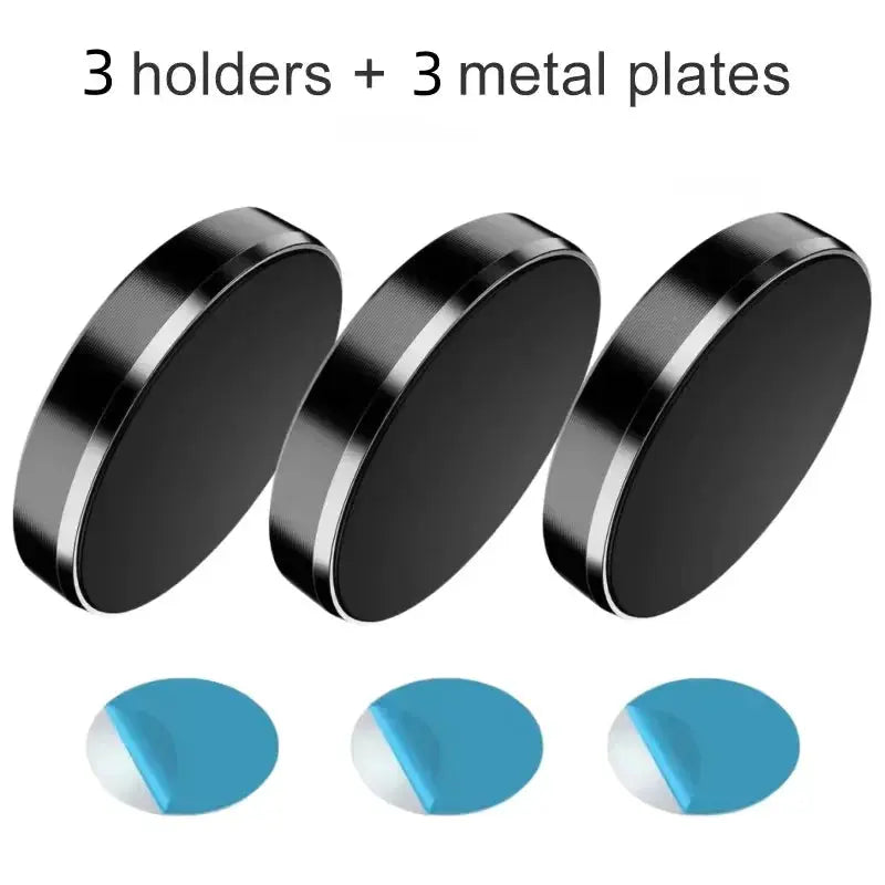 Three black holders with three blue metal plates on a white background
