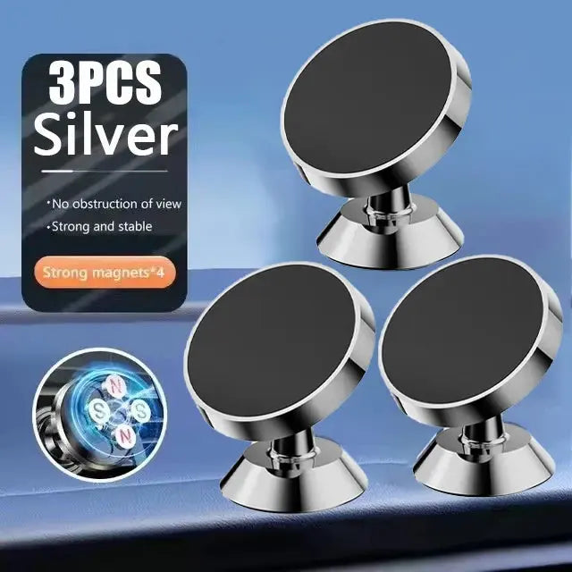 Three silver magnetic phone holders on a blue background with text indicating '3PCS Silver' and features.