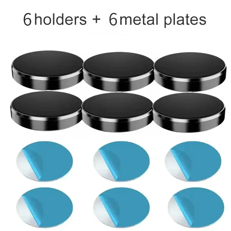 Set of black circular holders and blue metal plates on a white background
