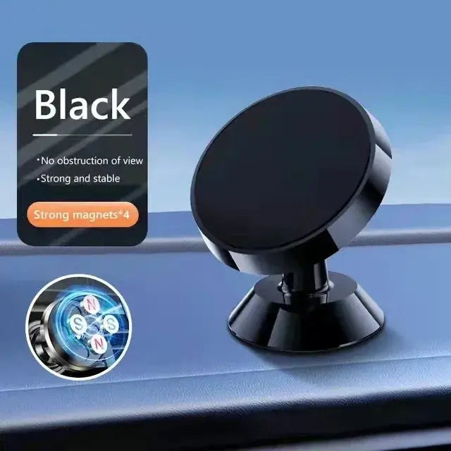 Black car phone holder with strong magnets on a blue car dashboard
