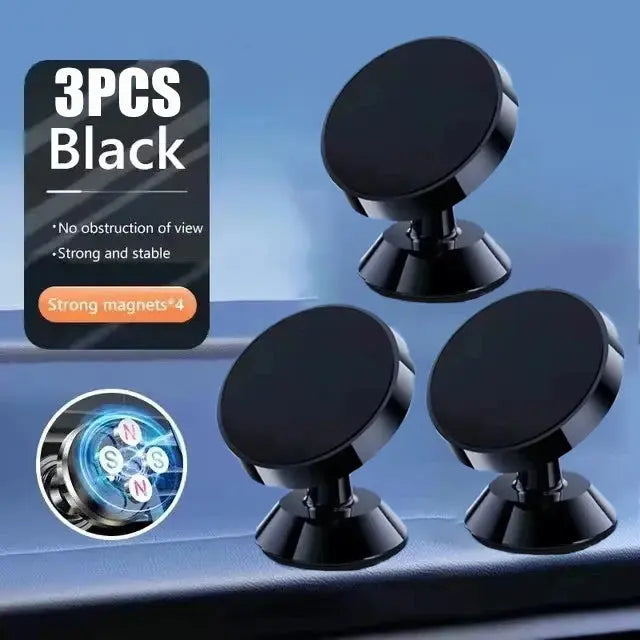 Three black magnetic phone holders on a blue surface with text indicating '3PCS Black' and features.