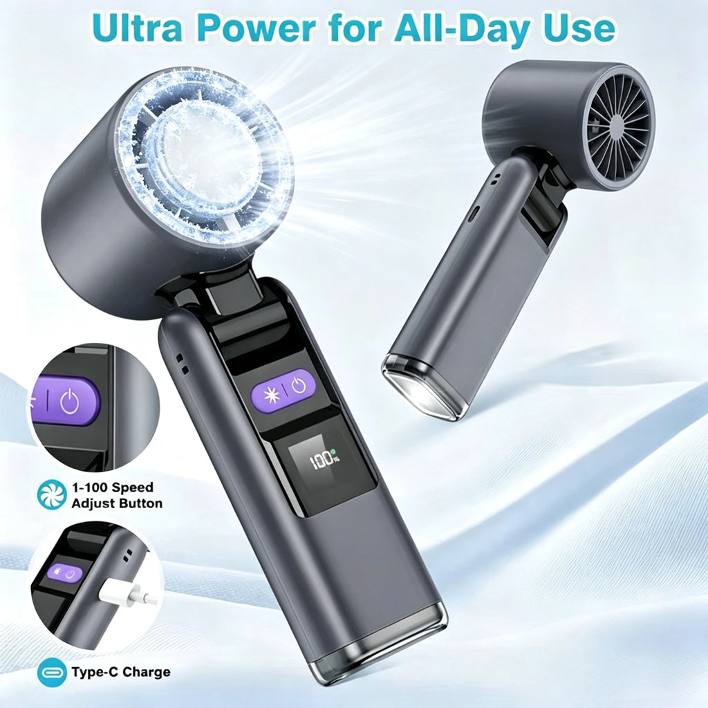 Portable rechargeable mini fan with 100-speed settings, digital display, and LED ring light, ideal for cooling and makeup application.