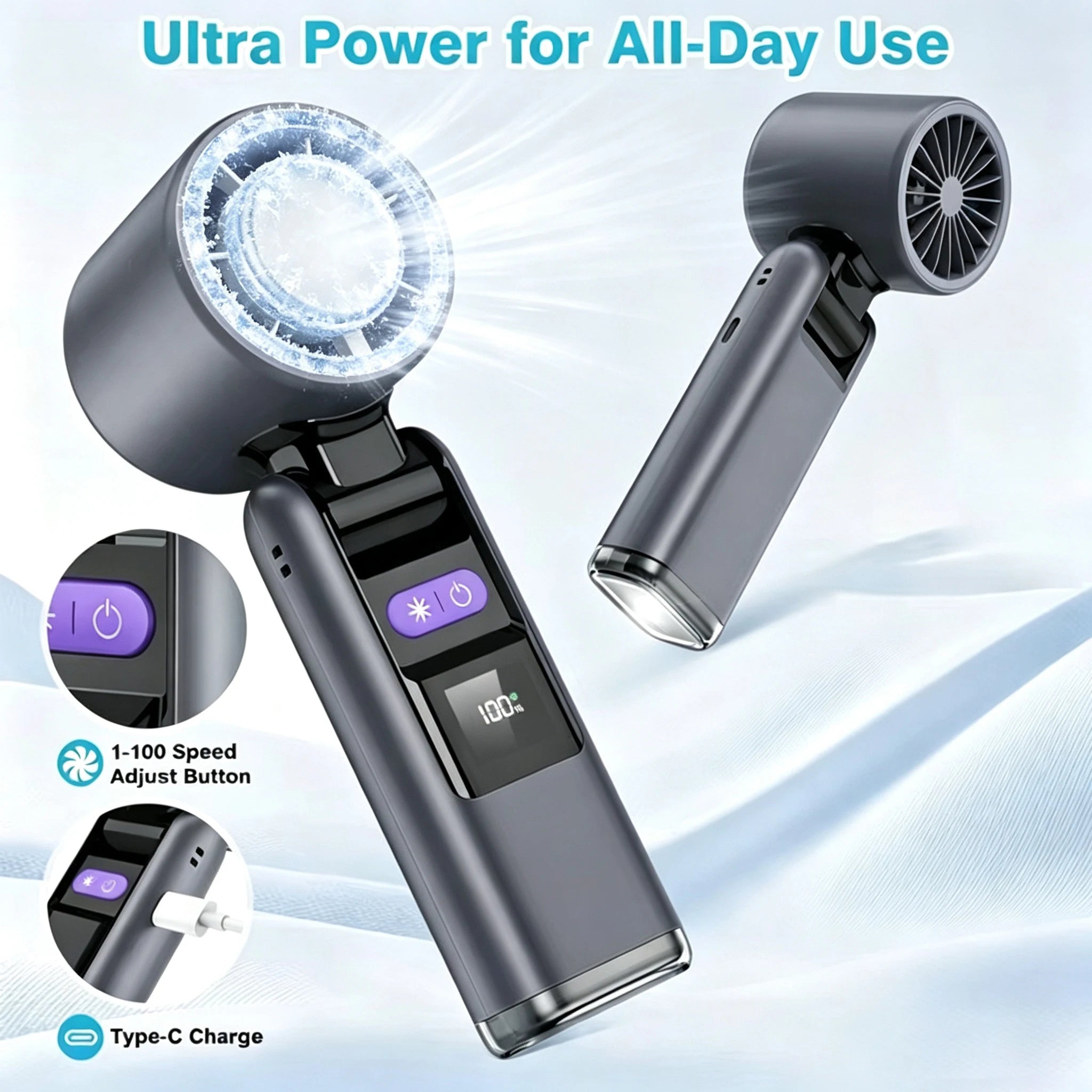 Portable rechargeable mini fan with 100-speed settings, digital display, and LED ring light, ideal for cooling and makeup application.