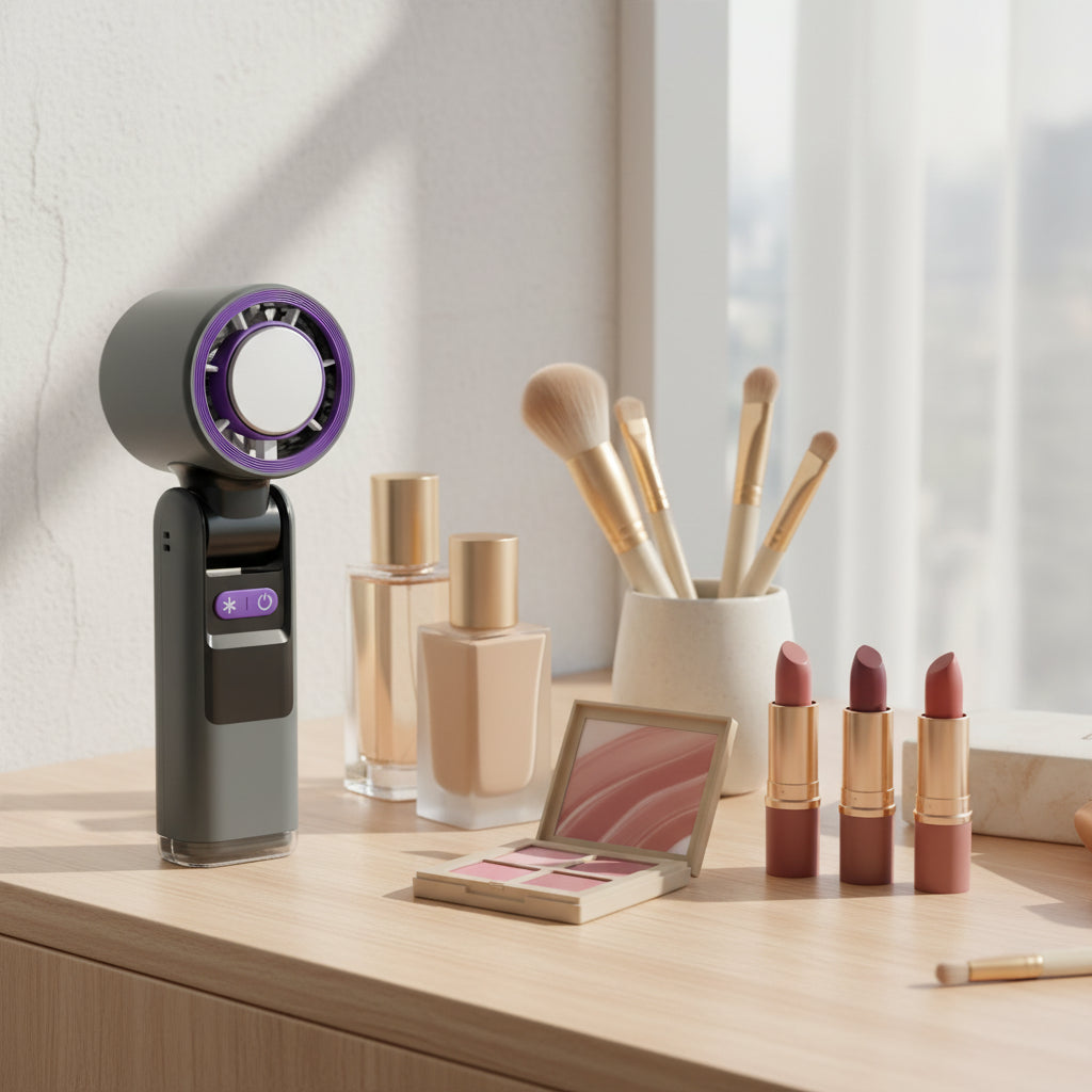 Foldable mini cooling fan with USB-C rechargeable battery, ideal for travel and makeup routines