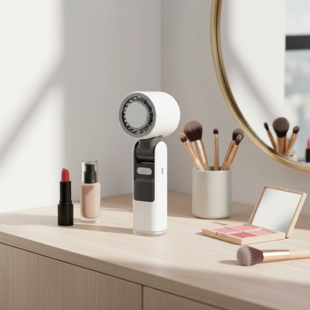 Foldable mini cooling fan with USB-C rechargeable battery, ideal for travel and makeup routines