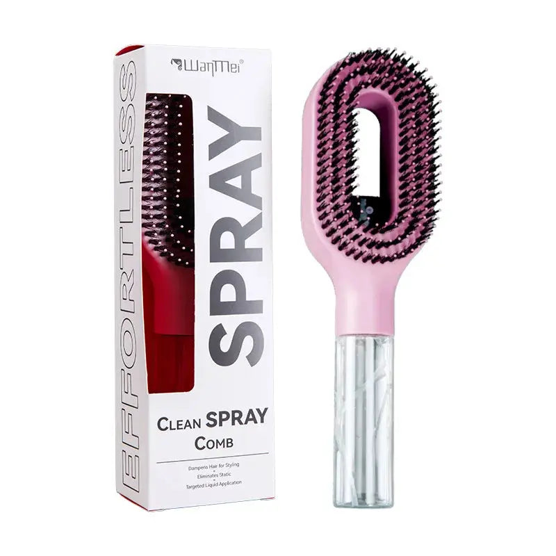 Pink cleaning comb with packaging labeled 'Clean Spray Comb' on a white background