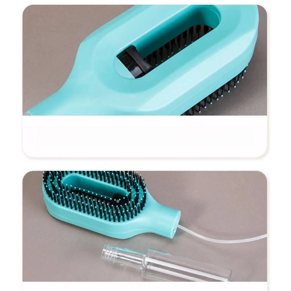 Teal pet grooming brush with clear tube on a gray background
