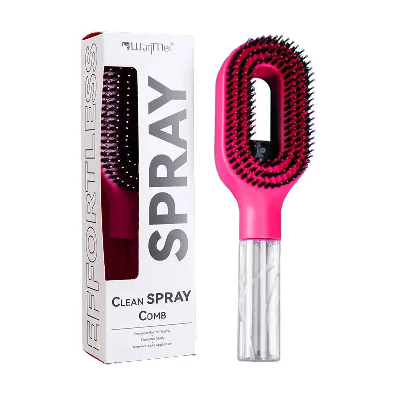 Pink cleaning comb with clear handle next to its packaging on a white background
