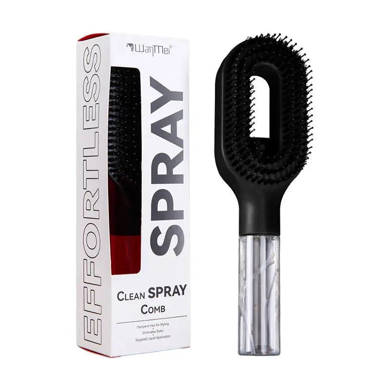 Black hair comb with clear handle next to its packaging on a white background