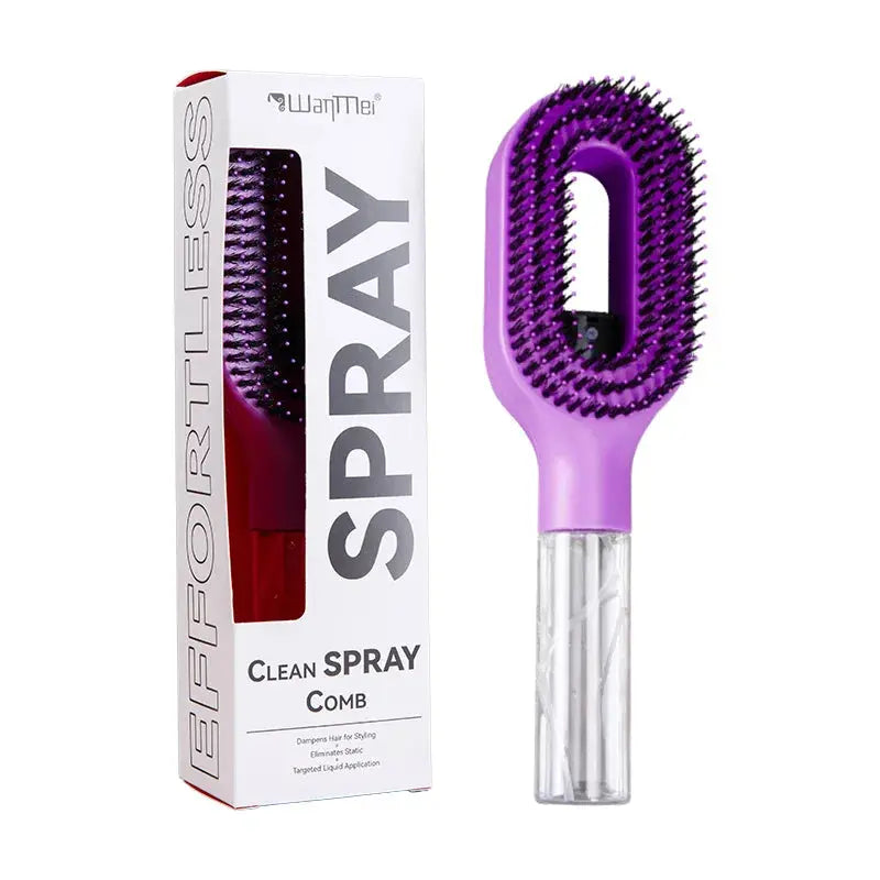 Purple cleaning comb with clear handle next to its packaging on a white background