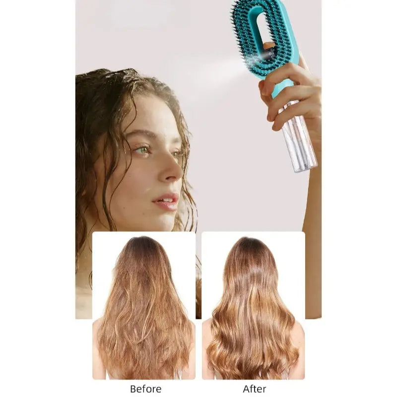 Woman using a hairbrush on her hair with before and after images shown.