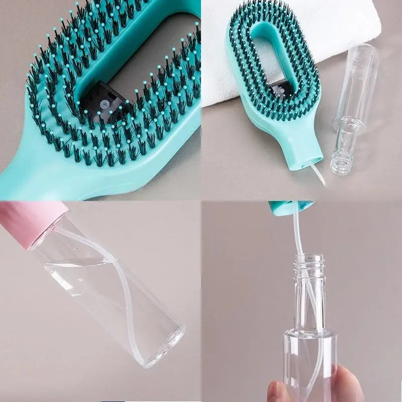 Teal and pink brush with clear bottle attachment on a gray background
