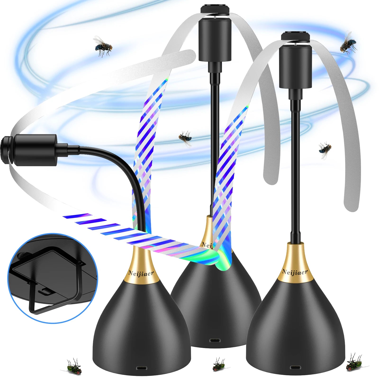 Three black insect traps with colorful lights and a power adapter on a white background.