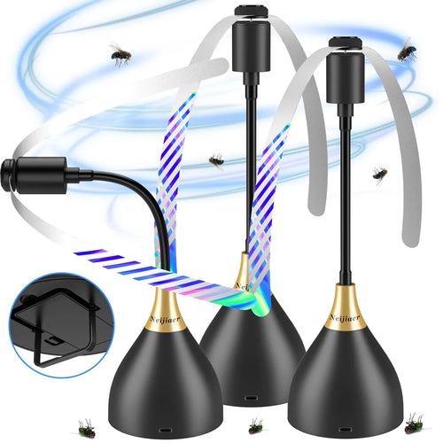 Three black insect traps with colorful lights and a power adapter on a white background.
