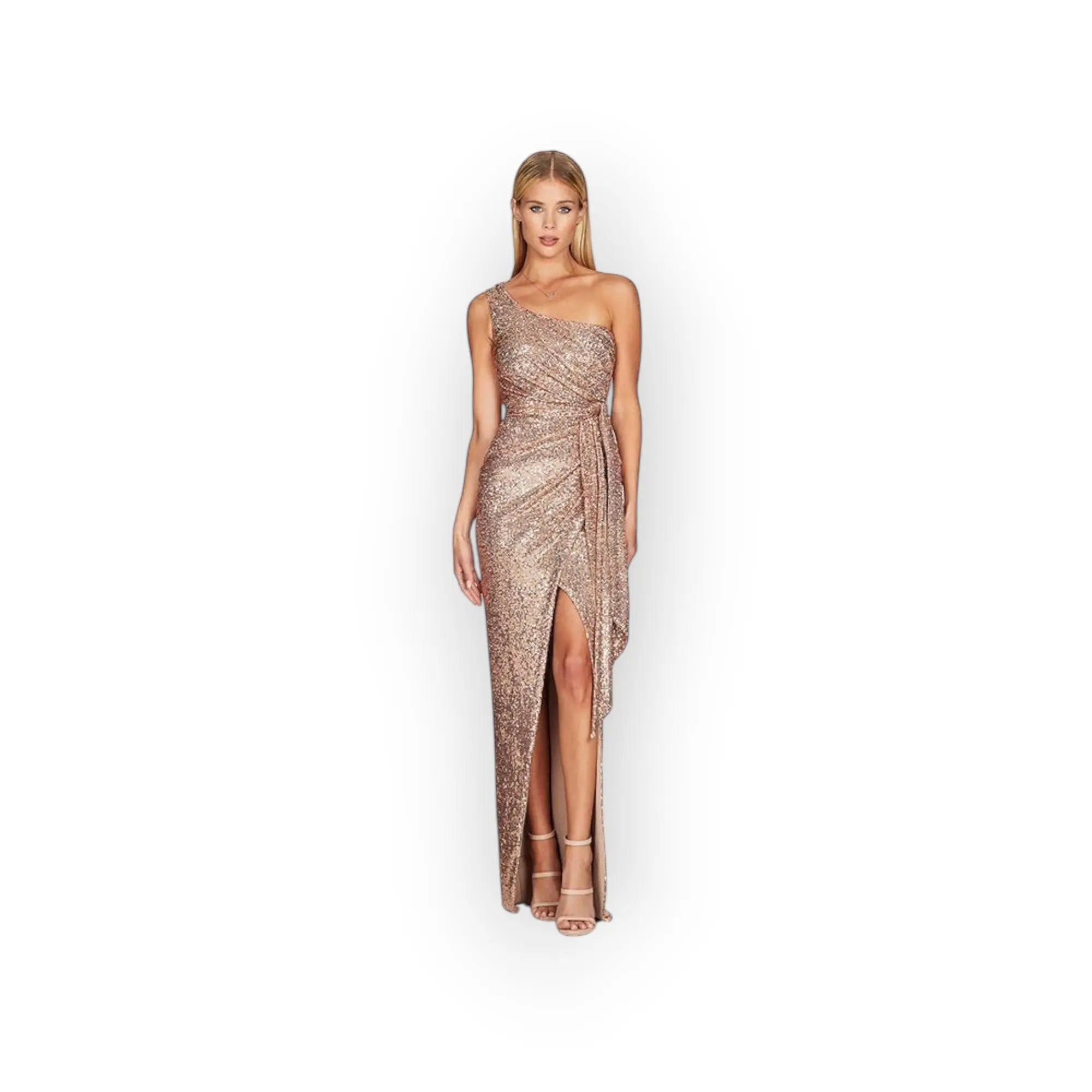 Nexsora Home rose gold one-shoulder sequin evening gown with a side-tie waist and front slit on a blonde model