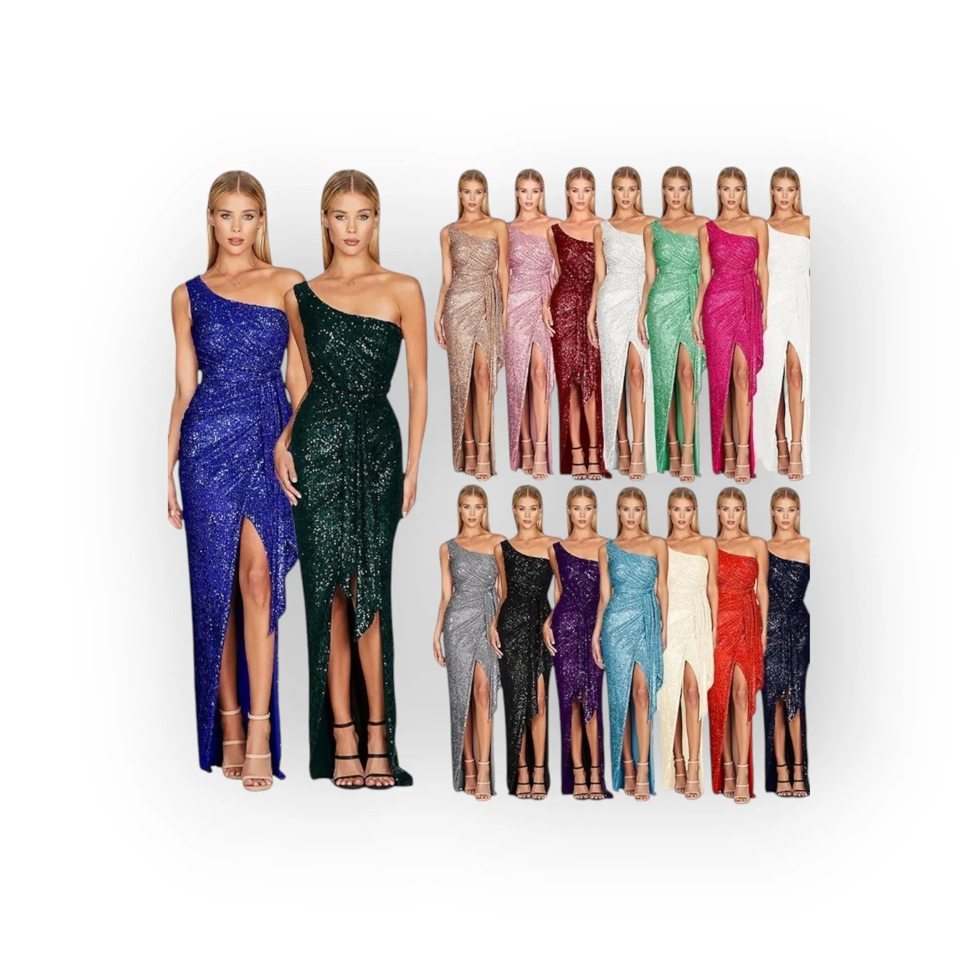 Nexsora Home one-shoulder sequin evening gowns in various metallic and vibrant colors with front slits and side ties.