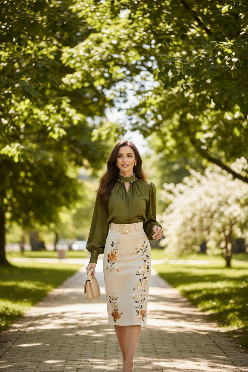 Olive green stand collar women's shirt with elegant retro styling