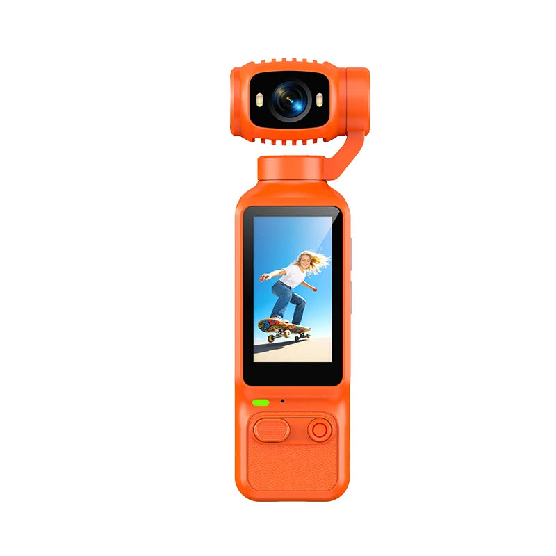 Front view of an orange compact handheld gimbal camera featuring a clear live preview screen of a girl riding a skateboard.