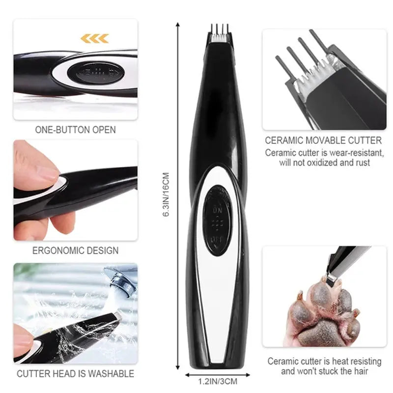 Black and silver grooming tool with features highlighted on a white background