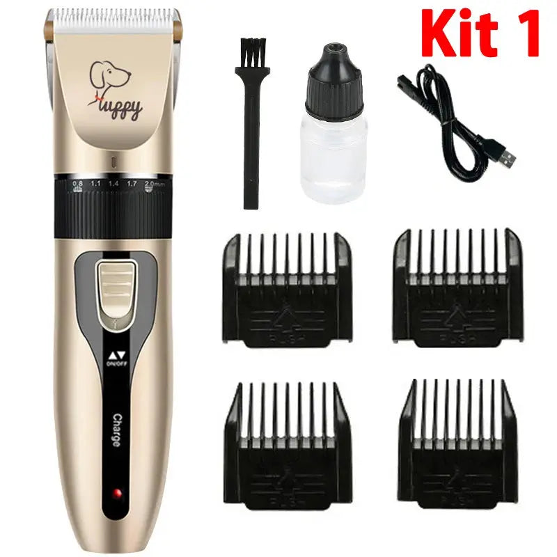 Pet grooming kit with hair trimmer and attachments on a white background