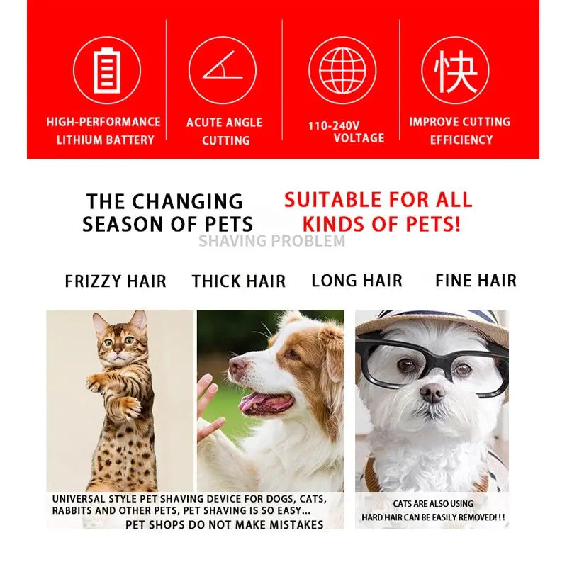 Advertisement for a pet grooming device with images of cats and dogs, highlighting features and suitability for different hair types.