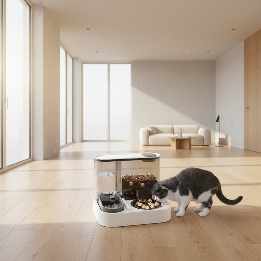 2-in-1 pet feeder with stainless steel bowl and water fountain, suitable for cats and dogs.