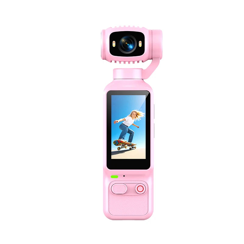 Front view of a pink compact handheld gimbal camera featuring a clear live preview screen of a girl riding a skateboard.