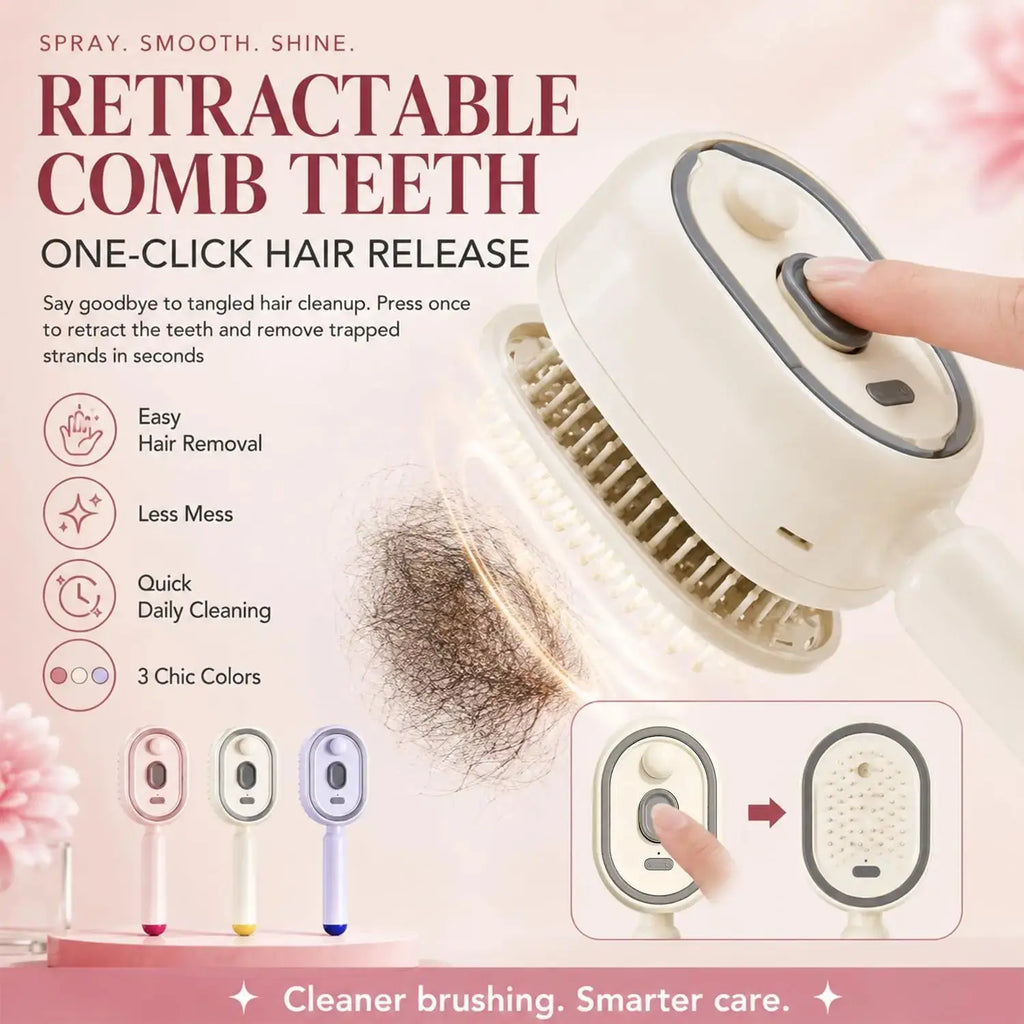 Retractable comb teeth device with text on a pink background