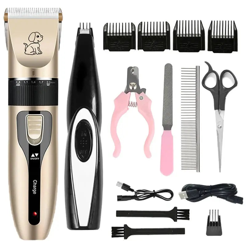 A complete professional pet grooming clipper kit including clippers, scissors, comb, and attachments on a clean white background.