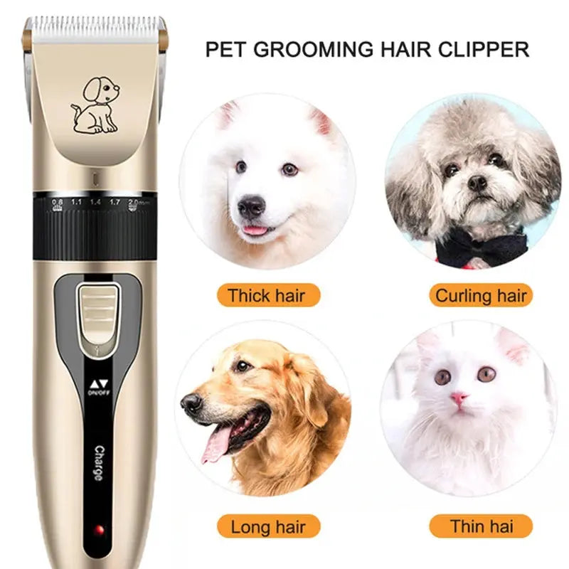 Pet grooming hair clipper with images of dogs and cats showing different hair types.