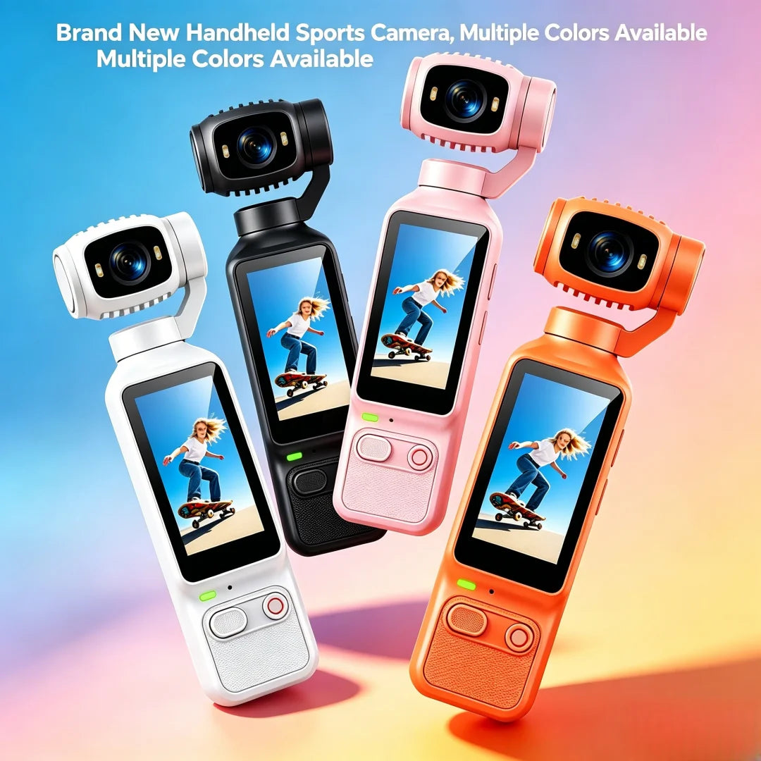 Handheld sports and vlogging cameras with rotatable lenses and built-in screens, shown in white, black, pink, and orange colors.