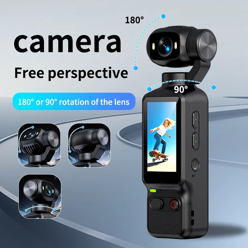 Handheld gimbal camera with a 180-degree and 90-degree rotatable lens, showcasing a free perspective screen preview of a person riding a skateboard