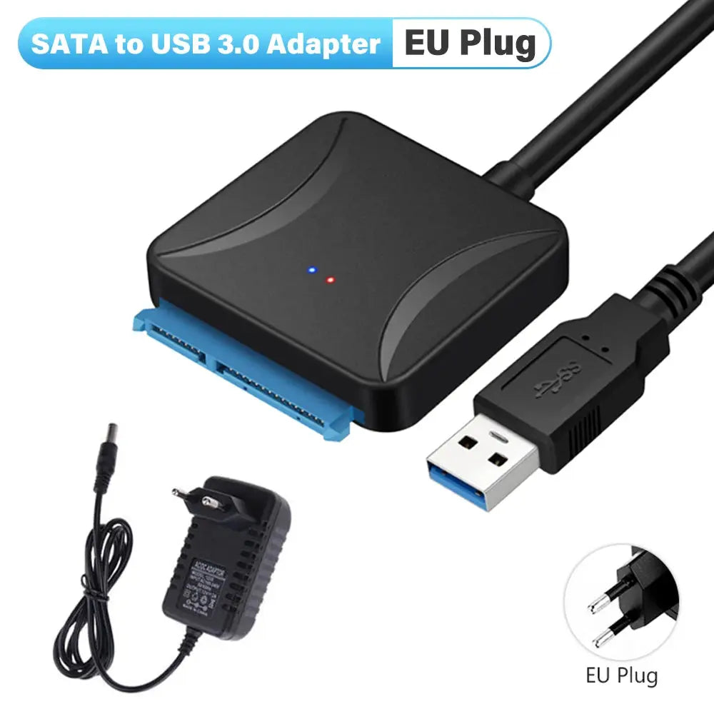 SATA to USB 3.0 adapter with EU plug on a white background