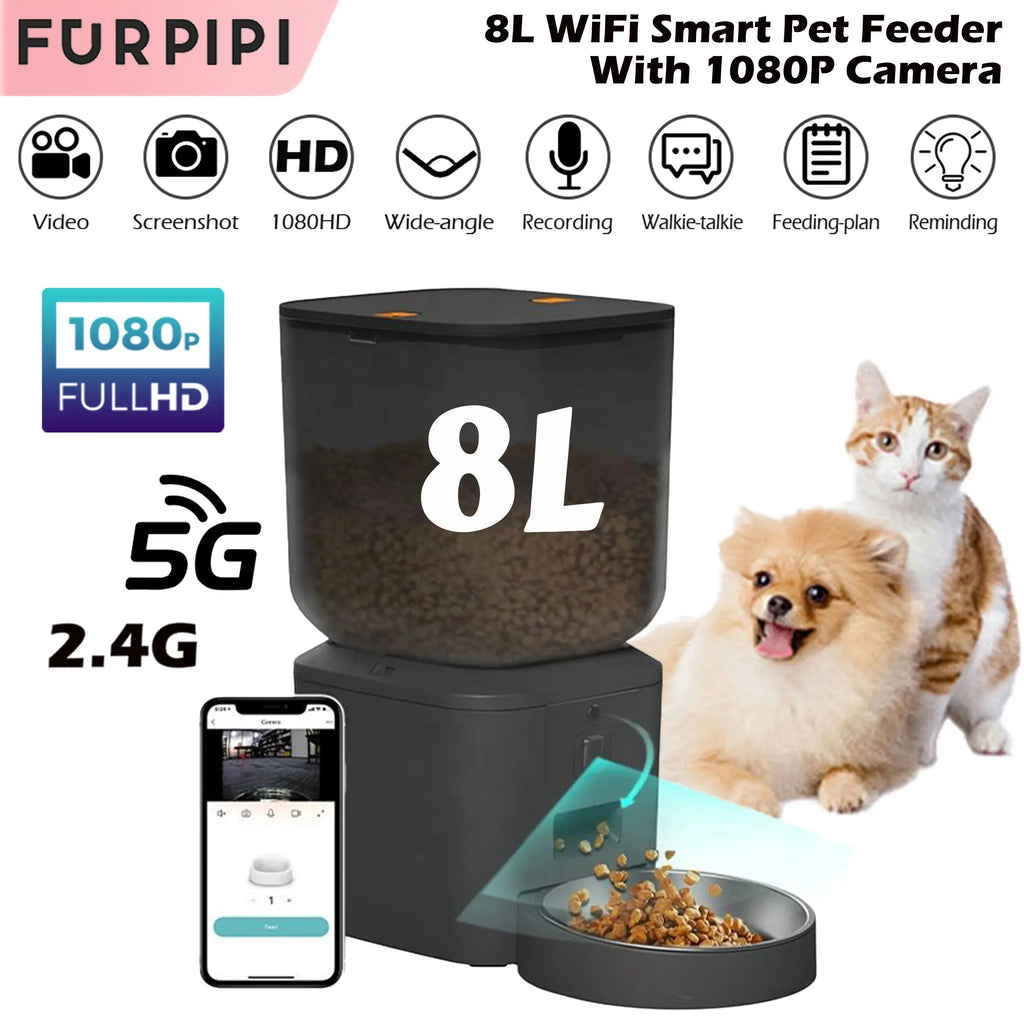 8L WiFi Smart Pet Feeder with 1080P Camera by FURPIPI, featuring a smartphone app and images of pets.