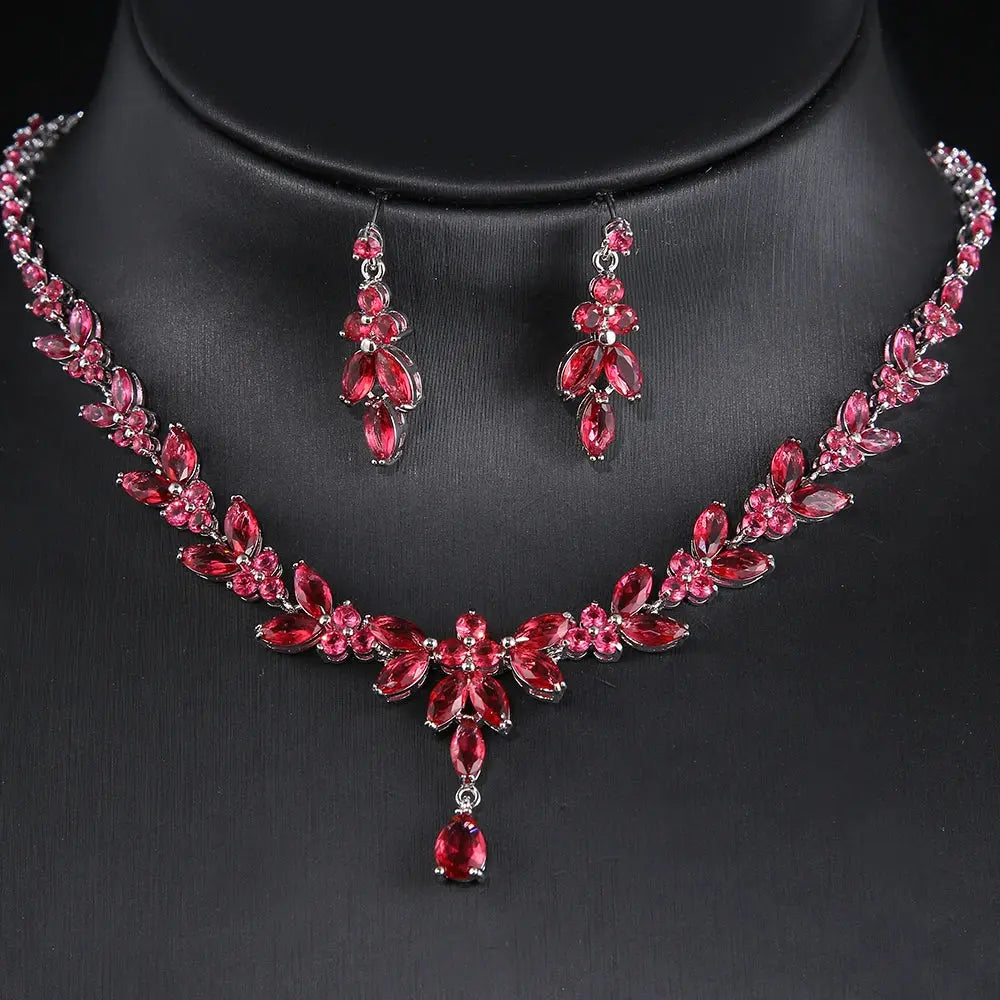 The bridal jewelry set captured under soft lighting, emphasizing the premium sparkle of the cubic zirconia stones.