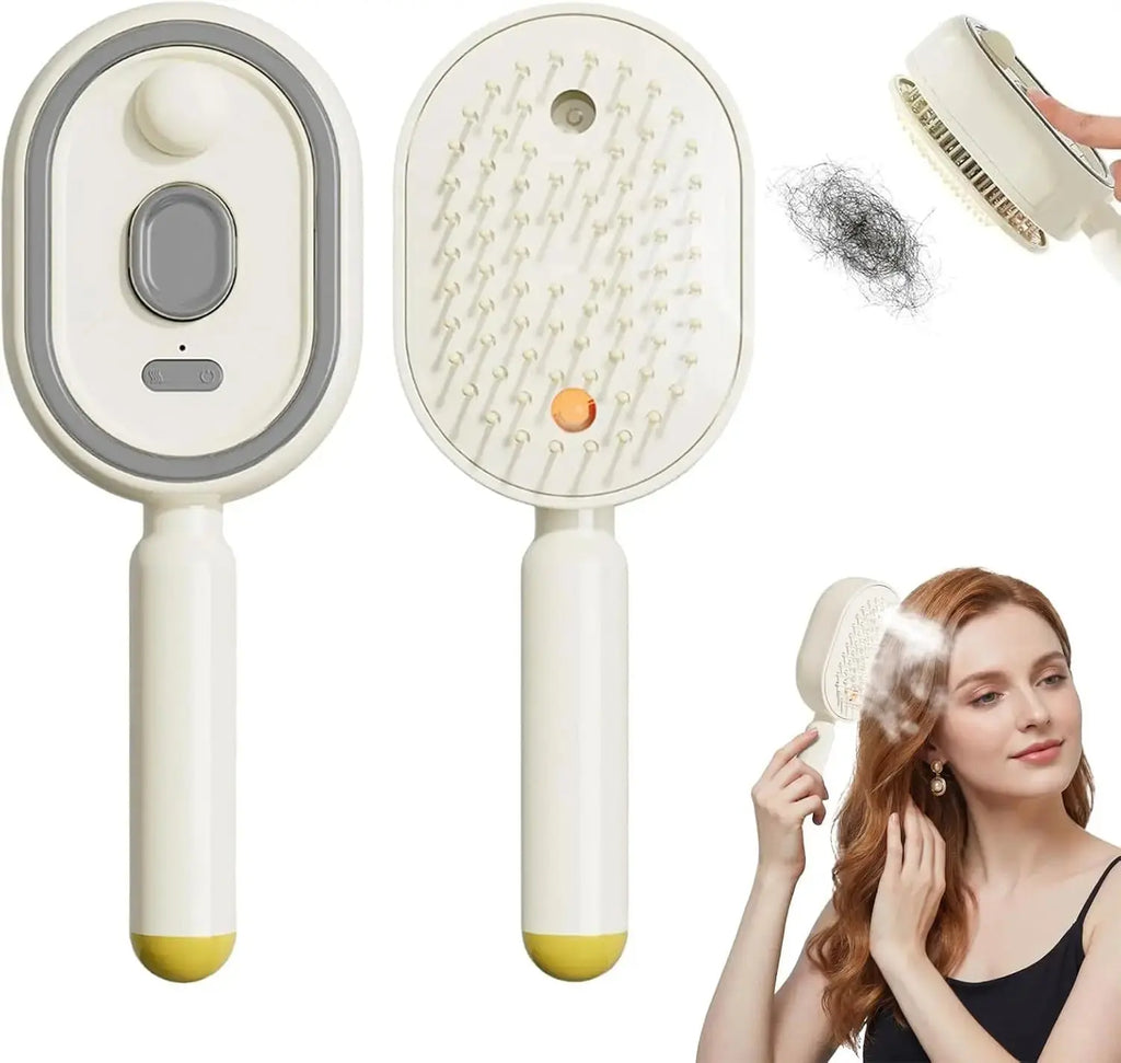 Hairbrush with built-in hair removal device and a woman using it.