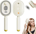 Hairbrush with built-in hair removal device and a woman using it.