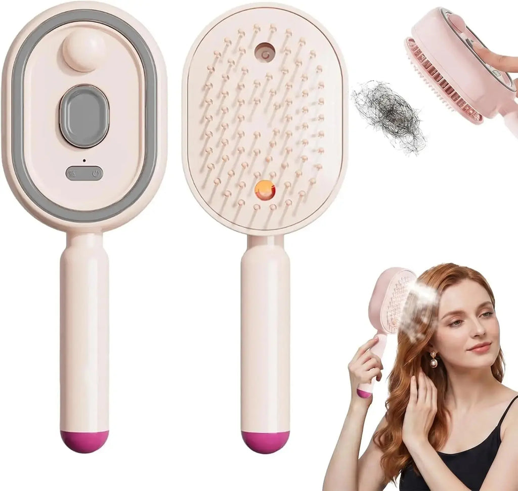 Hairbrush with built-in light and hair removal tool, shown with a woman using it.
