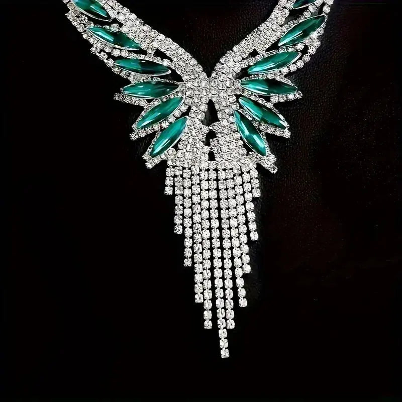 Side profile view of the necklace and tassel earrings, showcasing the fluid movement and elegant design for wedding wear.