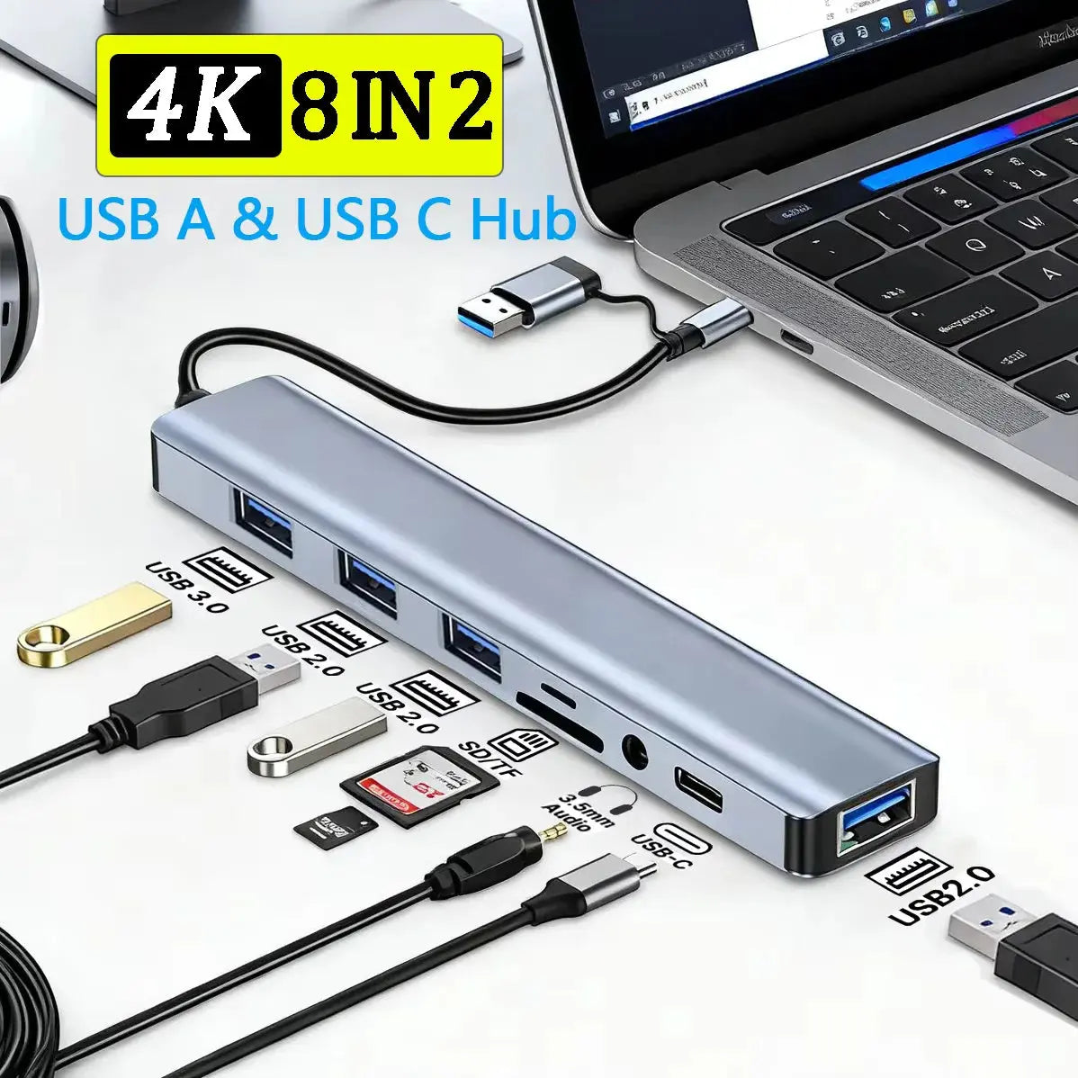 An 8-in-2 USB-C hub adapter featuring multiple ports connected to a laptop on a white background.